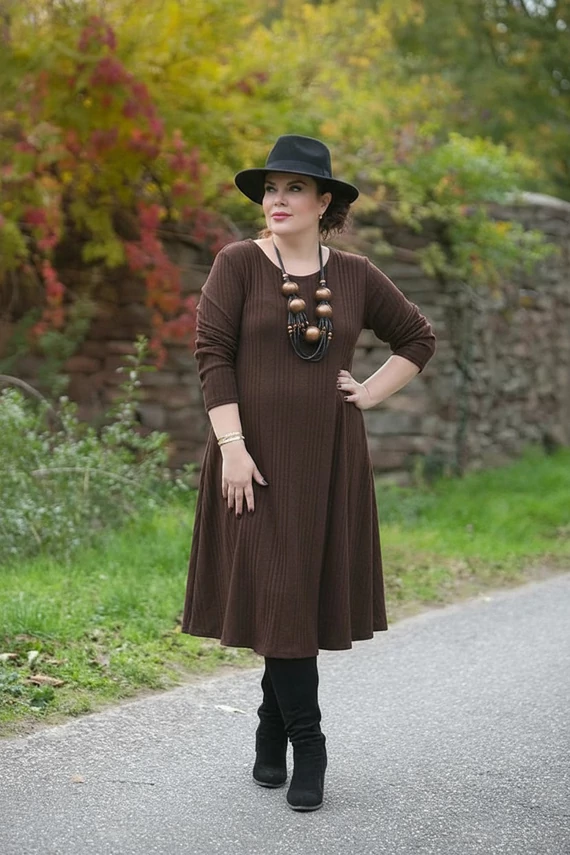 Bordázott anyagú ruha - barna