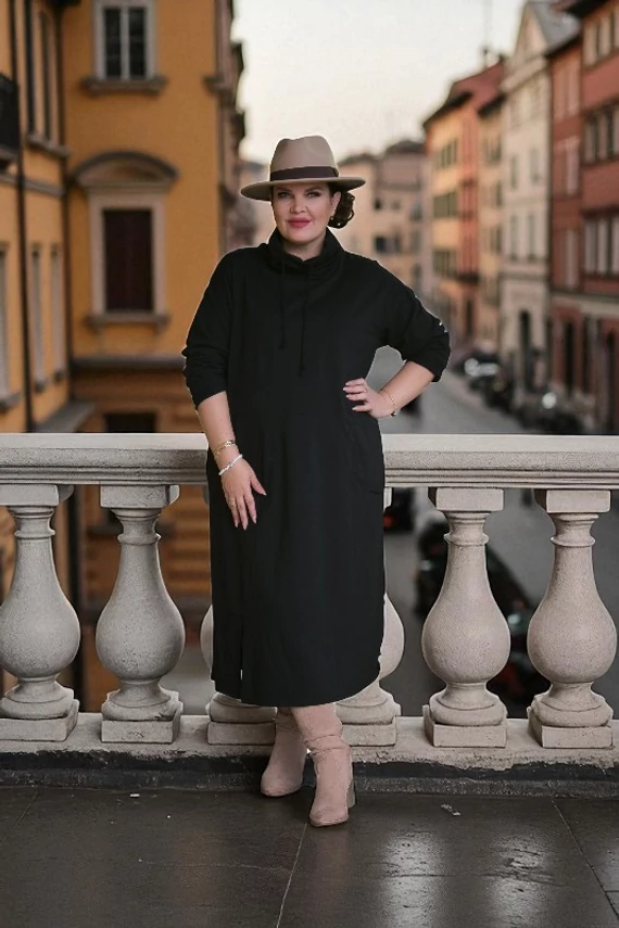 Csőnyakú lagenlook pamutruha - fekete